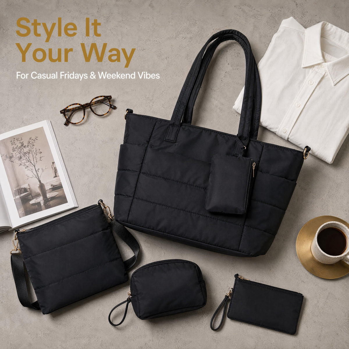 Tote Bag for Women, Lightweight Puffy Totes Bags with Compartments Shoulder Satchel Handbag for Travel, Work, Gym