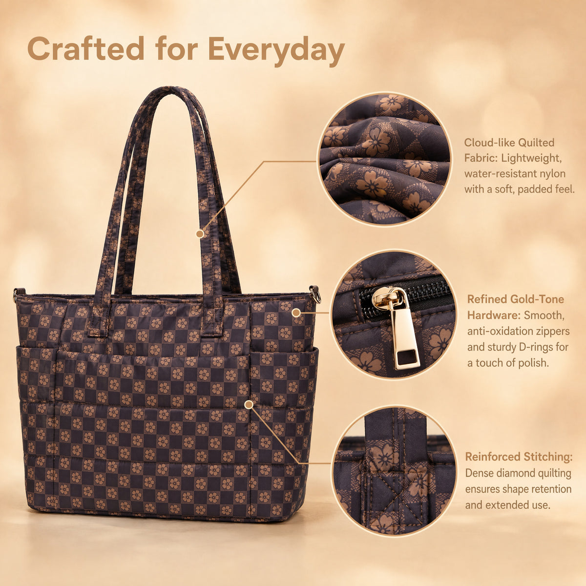Tote Bag for Women, Lightweight Puffy Totes Bags with Compartments Shoulder Satchel Handbag for Travel, Work, Gym