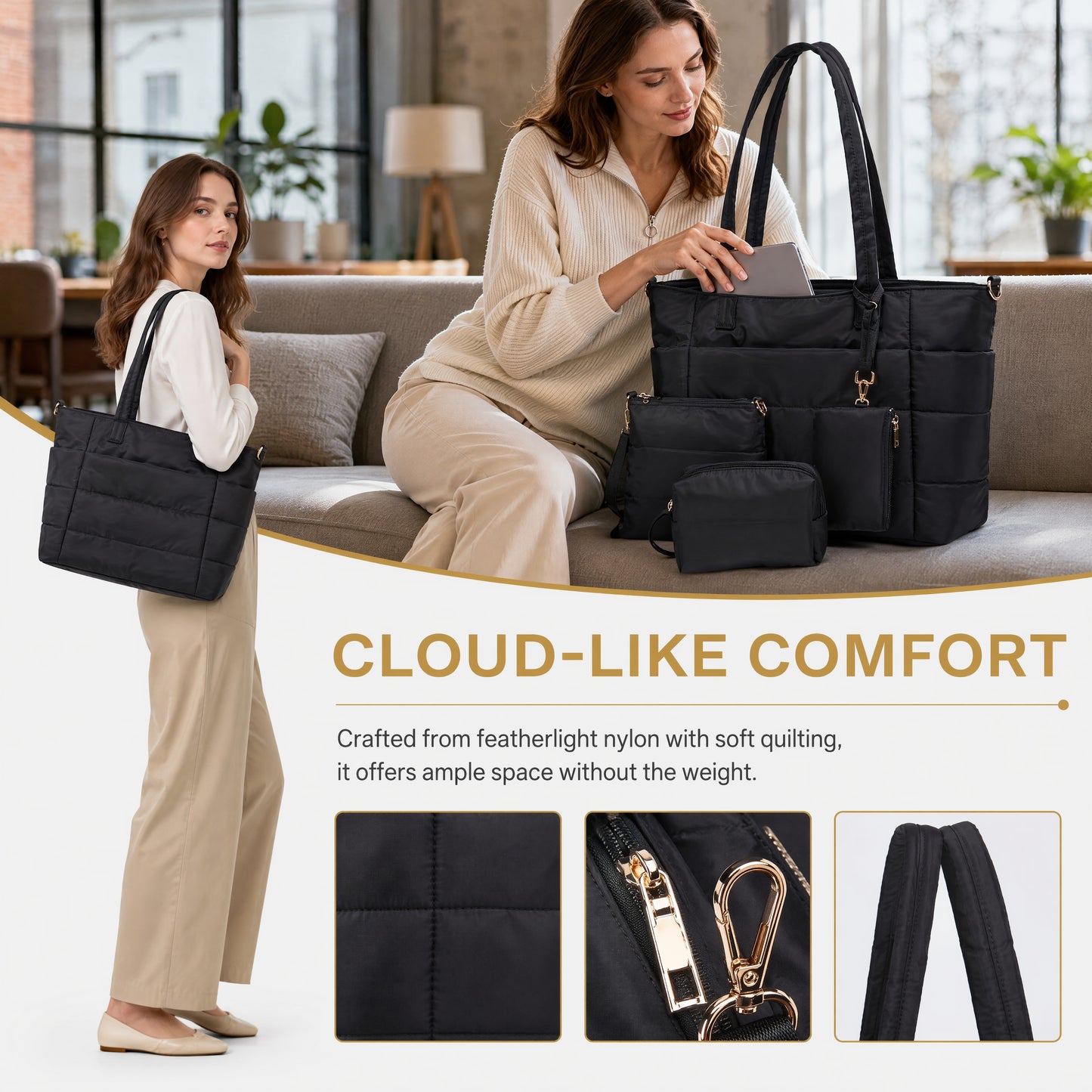 Tote Bag for Women, Lightweight Puffy Totes Bags with Compartments Shoulder Satchel Handbag for Travel, Work, Gym