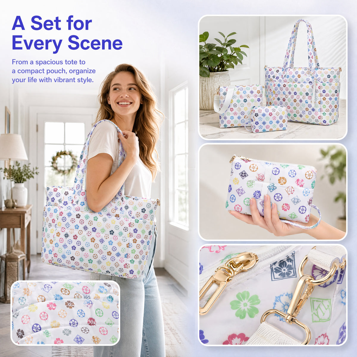 Tote Bag for Women, Lightweight Puffy Totes Bags with Compartments Shoulder Satchel Handbag for Travel, Work, Gym