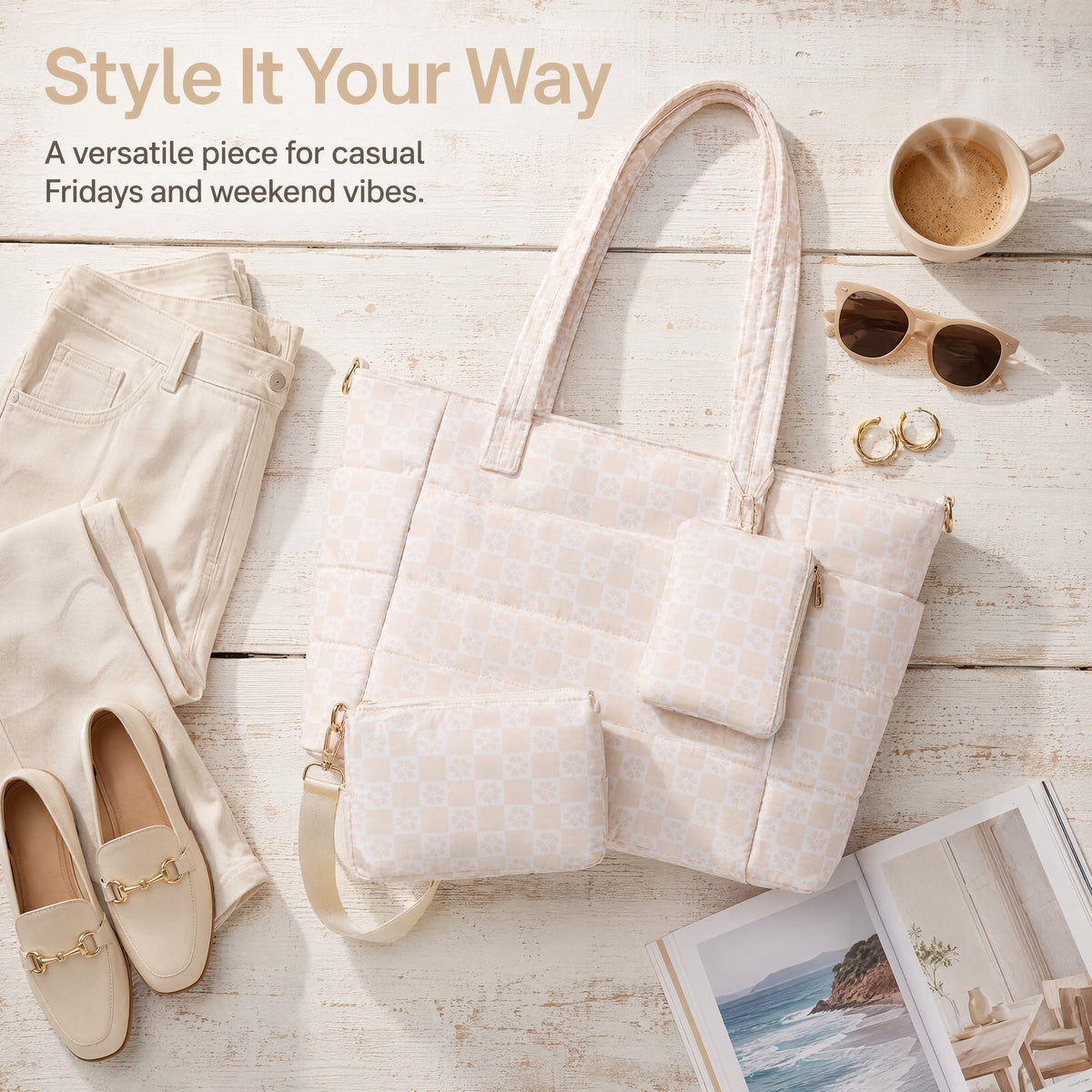 Tote Bag for Women, Lightweight Puffy Totes Bags with Compartments Shoulder Satchel Handbag for Travel, Work, Gym