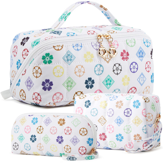 YTL Travel Makeup Bag, Puffer Cosmetic Organizer Bags, Women Toiletry Case Wide-open Make Up Bags, Flat Open Portable Organizer Cases for Skincare, Brushes & Travel Essentials