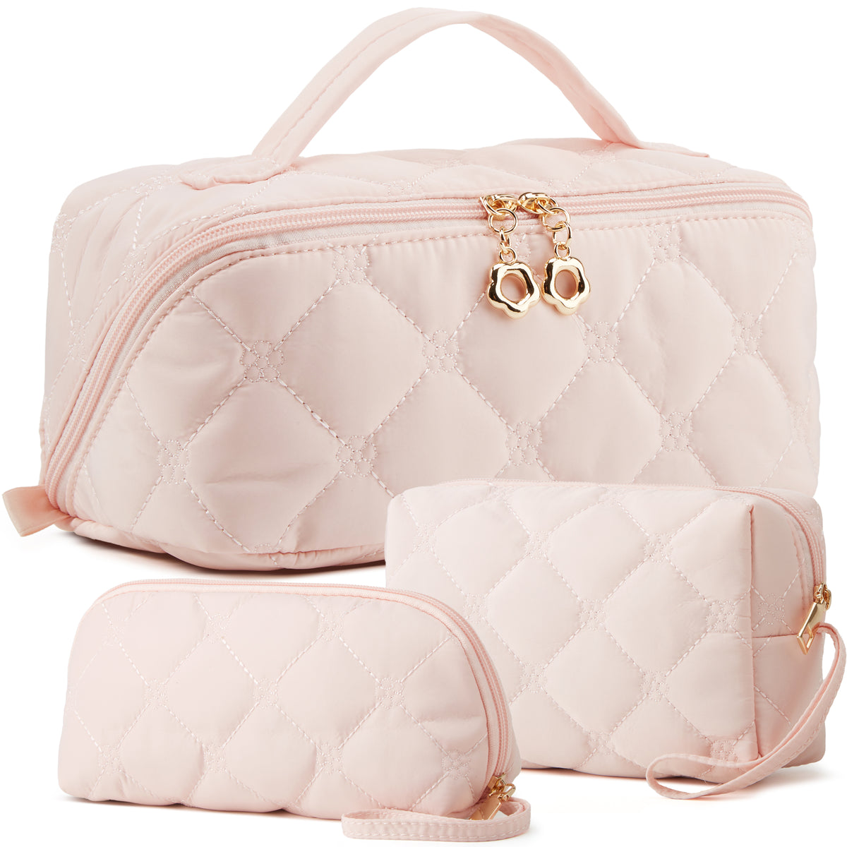 YTL Travel Makeup Bag, Puffer Cosmetic Organizer Bags, Women Toiletry Case Wide-open Make Up Bags, Flat Open Portable Organizer Cases for Skincare, Brushes & Travel Essentials