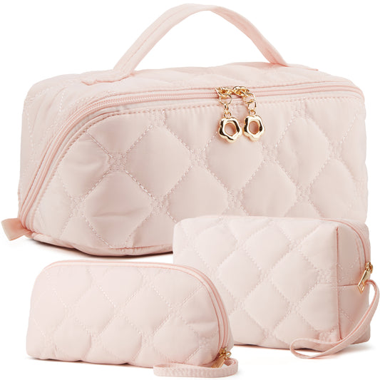YTL Travel Makeup Bag, Puffer Cosmetic Organizer Bags, Women Toiletry Case Wide-open Make Up Bags, Flat Open Portable Organizer Cases for Skincare, Brushes & Travel Essentials