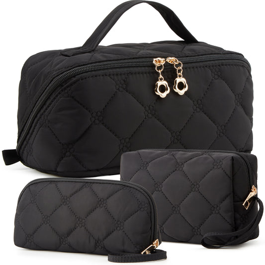 YTL Travel Makeup Bag, Puffer Cosmetic Organizer Bags, Women Toiletry Case Wide-open Make Up Bags, Flat Open Portable Organizer Cases for Skincare, Brushes & Travel Essentials