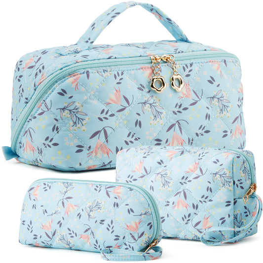 YTL Travel Makeup Bag, Puffer Cosmetic Organizer Bags, Women Toiletry Case Wide-open Make Up Bags, Flat Open Portable Organizer Cases for Skincare, Brushes & Travel Essentials