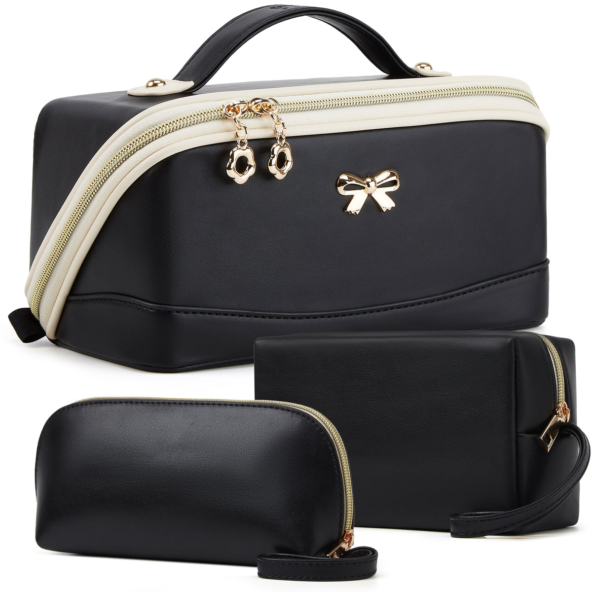 YTL Makeup Bag Travel Cosmetic Bag PU Leather Toiletry Case Pouch for Women Wide-open Make Up Bags, Flat Open Portable Organizer Cases for Skincare, Brushes & Travel Essentials