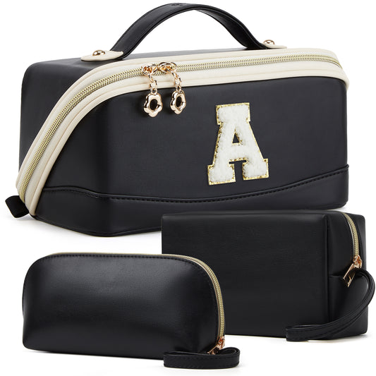 YTL Makeup Bag Travel Cosmetic Bag PU Leather Toiletry Case Pouch for Women Wide-open Make Up Bags, Flat Open Portable Organizer Cases for Skincare, Brushes & Travel Essentials