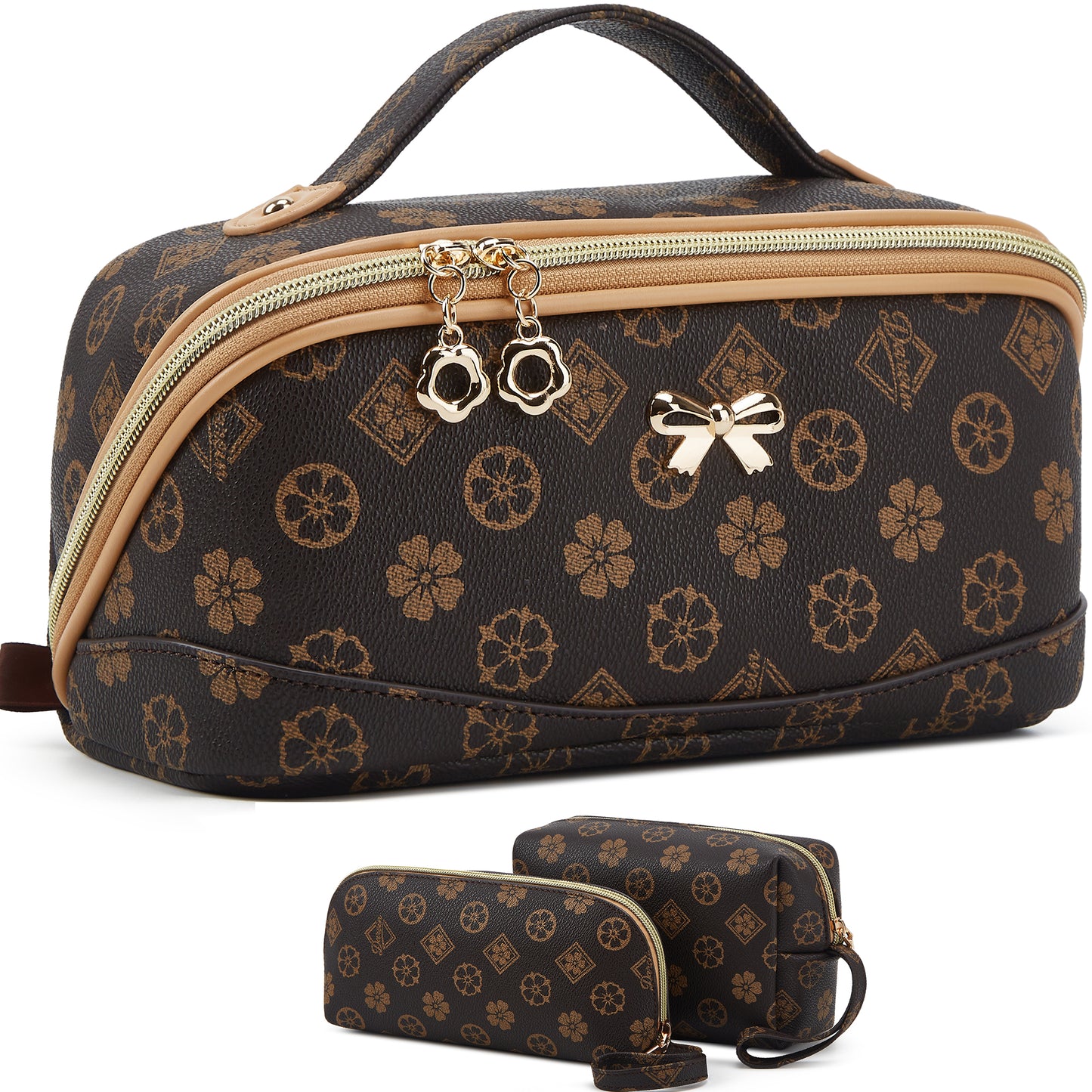 YTL Makeup Bag Travel Cosmetic Bag PU Leather Toiletry Case Pouch for Women Wide-open Make Up Bags, Flat Open Portable Organizer Cases for Skincare, Brushes & Travel Essentials