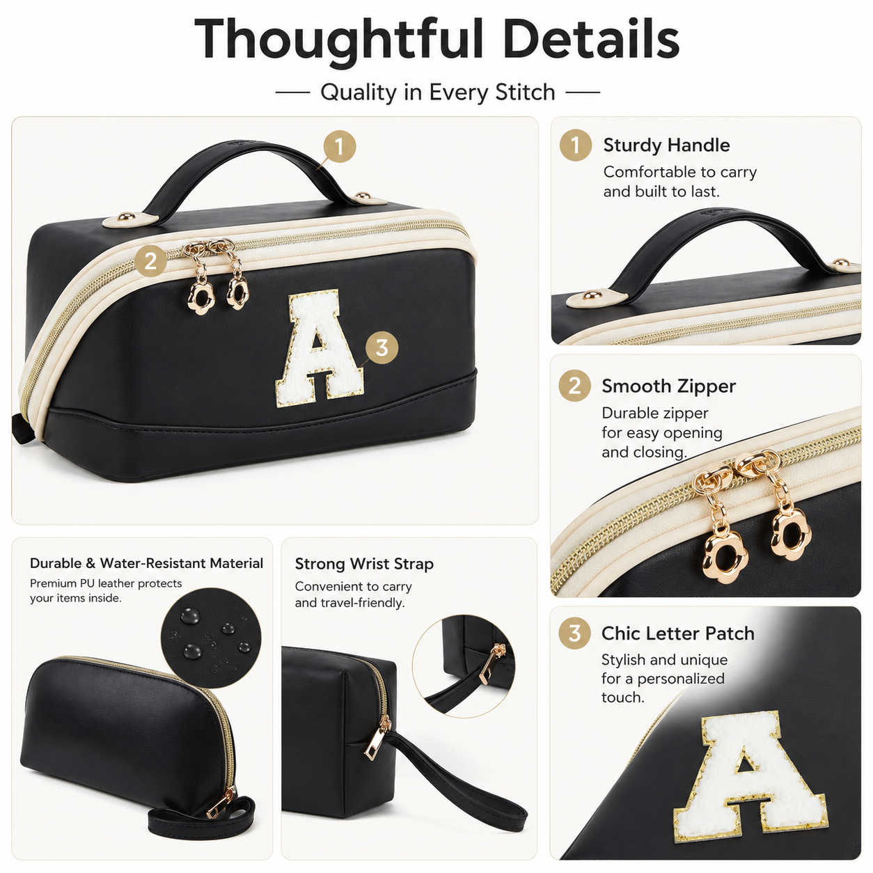 YTL Makeup Bag Travel Cosmetic Bag PU Leather Toiletry Case Pouch for Women Wide-open Make Up Bags, Flat Open Portable Organizer Cases for Skincare, Brushes & Travel Essentials
