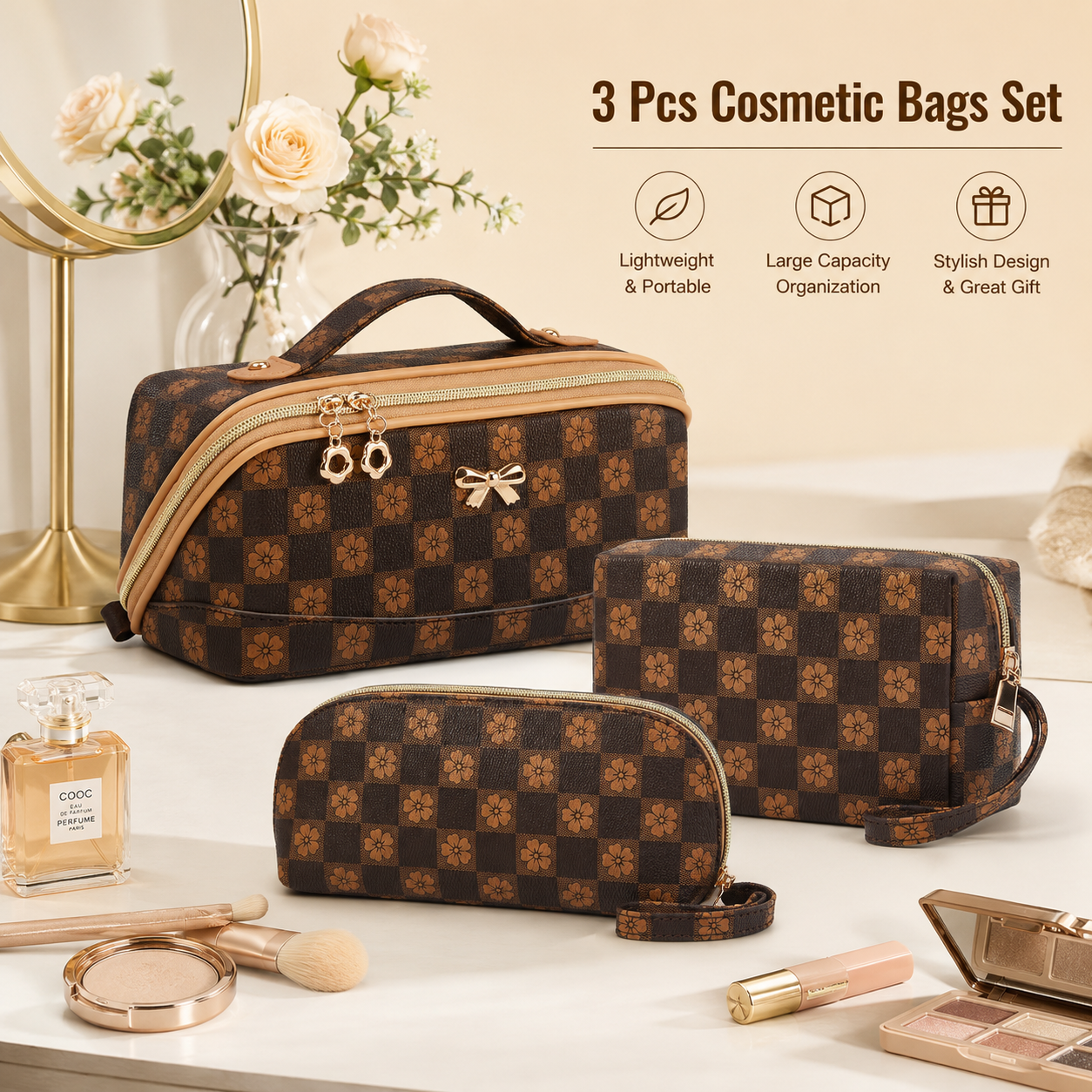 YTL Makeup Bag Travel Cosmetic Bag PU Leather Toiletry Case Pouch for Women Wide-open Make Up Bags, Flat Open Portable Organizer Cases for Skincare, Brushes & Travel Essentials