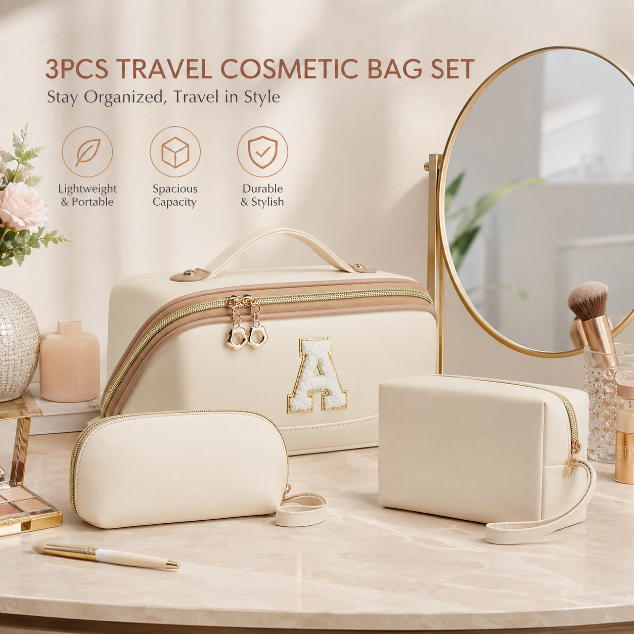 YTL Makeup Bag Travel Cosmetic Bag PU Leather Toiletry Case Pouch for Women Wide-open Make Up Bags, Flat Open Portable Organizer Cases for Skincare, Brushes & Travel Essentials
