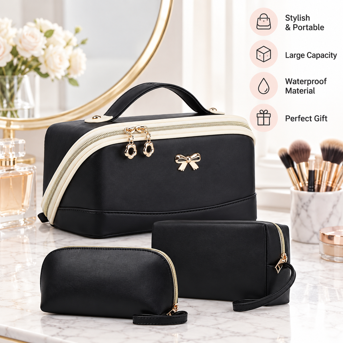 YTL Makeup Bag Travel Cosmetic Bag PU Leather Toiletry Case Pouch for Women Wide-open Make Up Bags, Flat Open Portable Organizer Cases for Skincare, Brushes & Travel Essentials